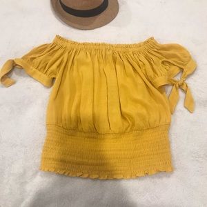 Yellow off the shoulder crop top with ruching